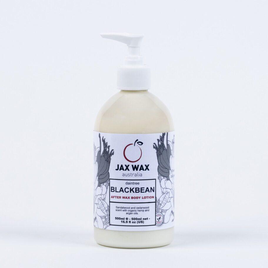 Jax Wax Daintree Blackbean after wax body lotion on a plain white background. It is a 500ml bottle.